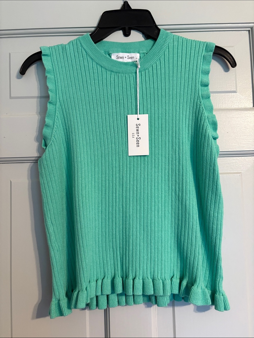 NEW Sewn+Seen Small Ribbed Ruffle Hem Green Sweater Tank